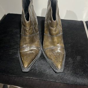 avocado, green pointed toe bootie